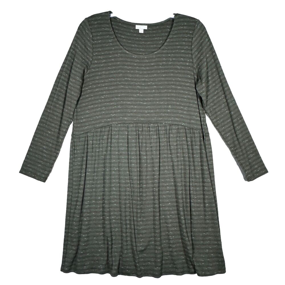 J Jill Dress Womens Large Green White Striped Purejill Shift Drop Waist Preppy